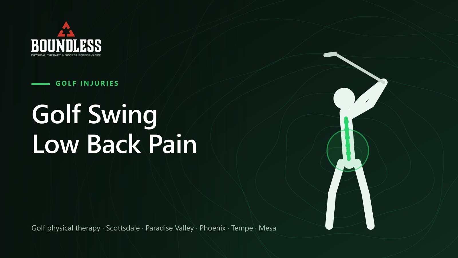 Illustration of a golfer at the top of the backswing with the lower spine highlighted in green