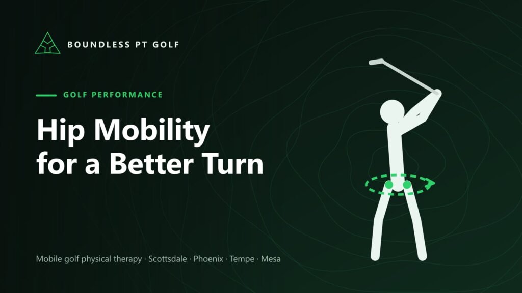 Illustration of a golfer mid-swing with a green rotation arc around the hips